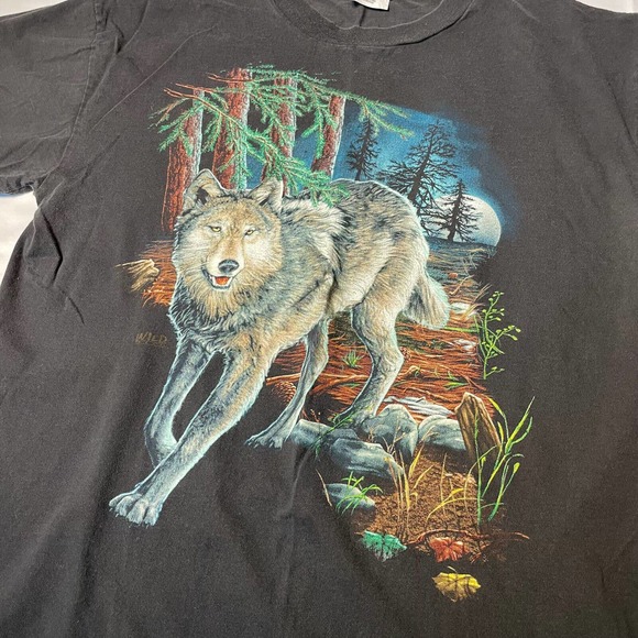 Vintage Wild Wear Wolf Print Shirt Black Size Large - Picture 2 of 5
